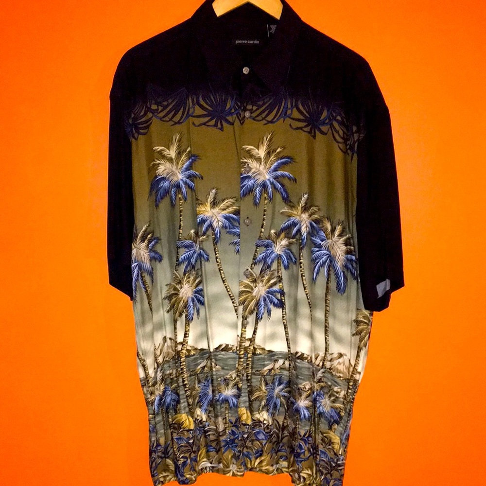 Pierre Cardin  Blue Tan and Black Palm Tree Men's Hawaiian Style Tropical Shirt